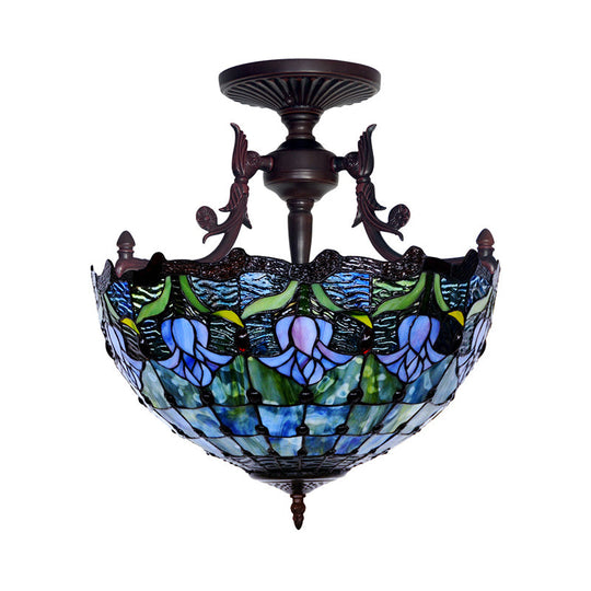 Mediterranean Stained Glass Semi Flush Mount Light - 3 Red/Blue Lights For Living Room Ceiling