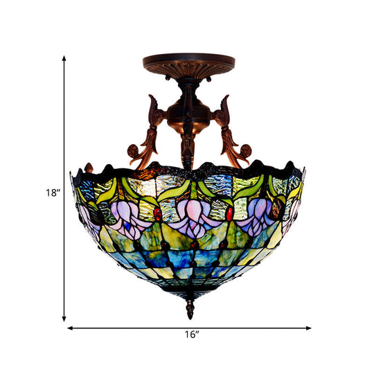 Mediterranean Stained Glass Semi Flush Mount Light - 3 Red/Blue Lights for Living Room Ceiling