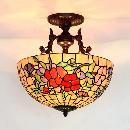 Mediterranean Stained Glass Semi Flush Mount Light - 3 Red/Blue Lights for Living Room Ceiling