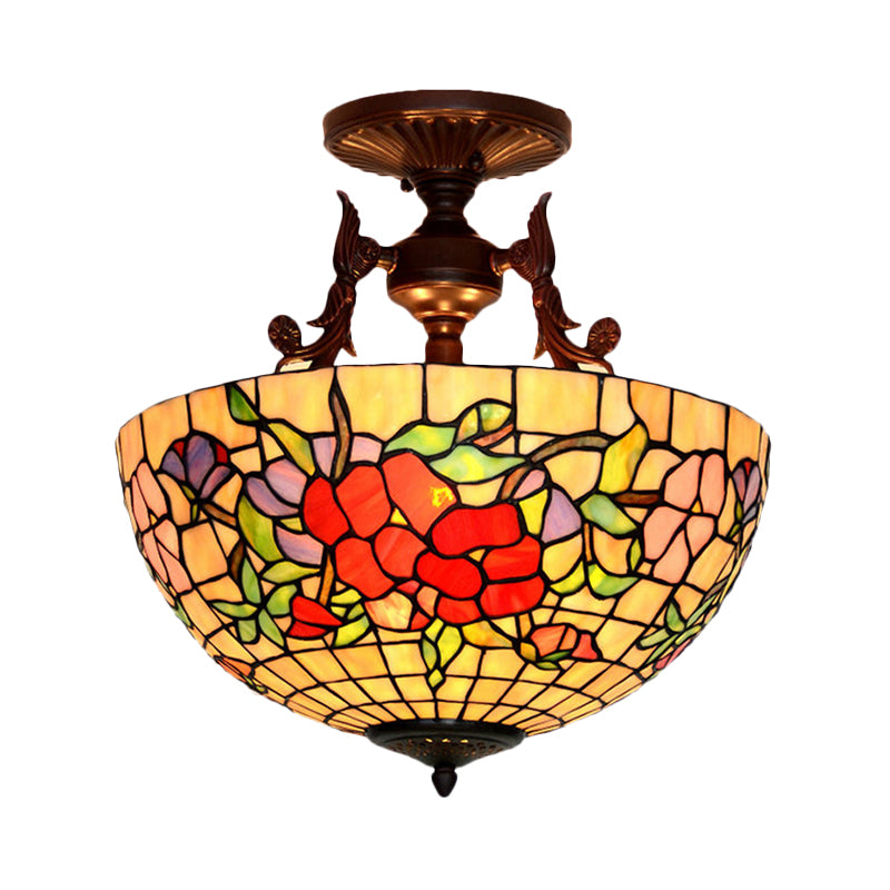 Mediterranean Stained Glass Semi Flush Mount Light - 3 Red/Blue Lights for Living Room Ceiling