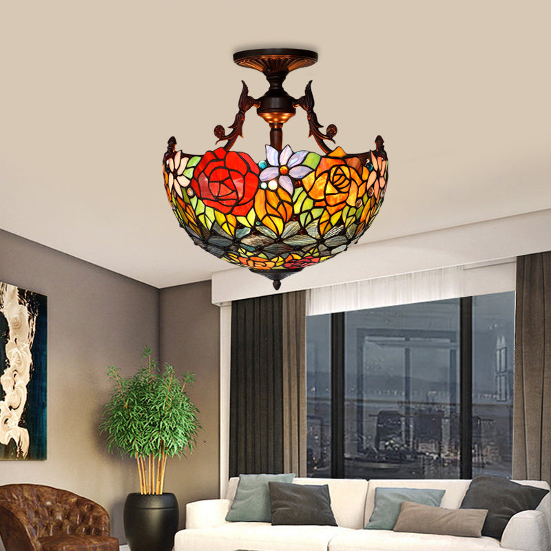 Bronze Blossom Semi Flush Ceiling Mount With Cut Glass Shades - Mediterranean 3 Lights