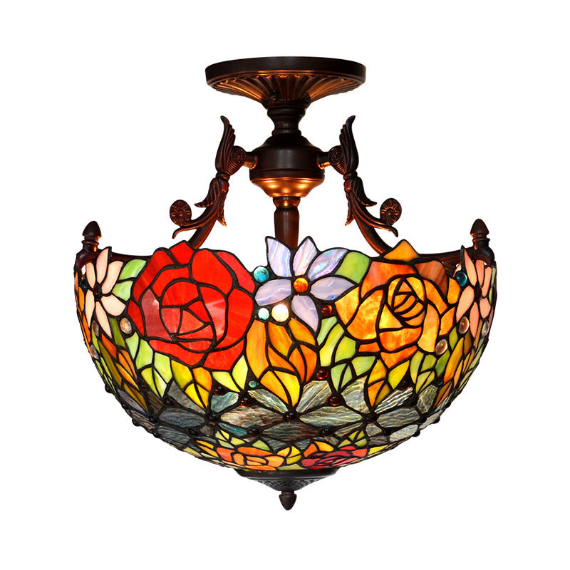 Semi Flush Mediterranean Bronze Blossom Ceiling Mount with Red/Orange/Green Cut Glass - Ideal for Living Room Lighting