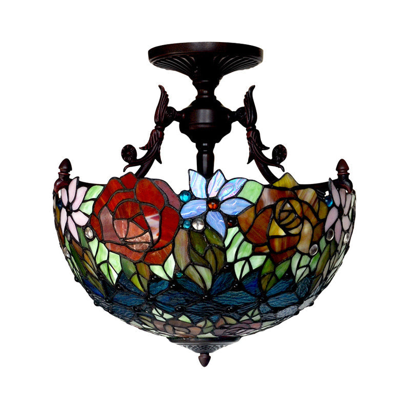 Semi Flush Mediterranean Bronze Blossom Ceiling Mount with Red/Orange/Green Cut Glass - Ideal for Living Room Lighting