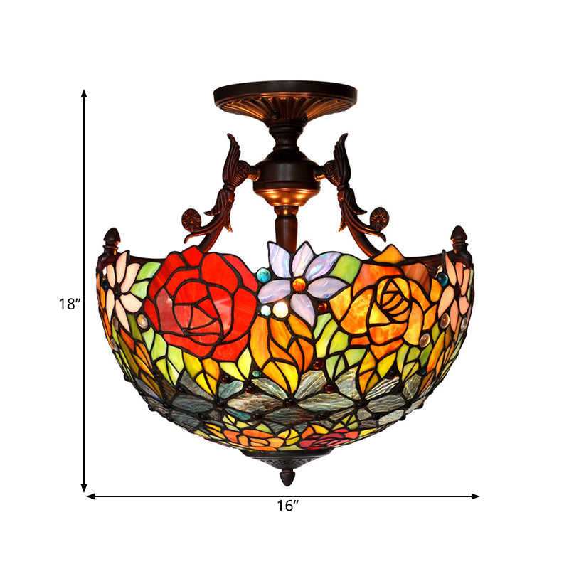 Semi Flush Mediterranean Bronze Blossom Ceiling Mount with Red/Orange/Green Cut Glass - Ideal for Living Room Lighting