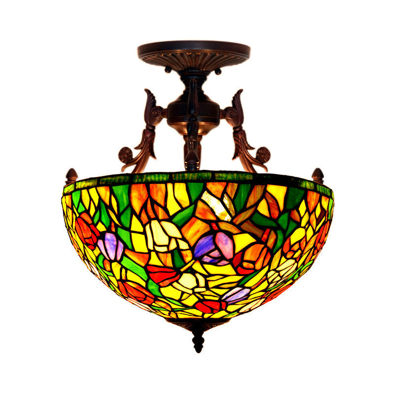 Semi Flush Mediterranean Bronze Blossom Ceiling Mount with Red/Orange/Green Cut Glass - Ideal for Living Room Lighting