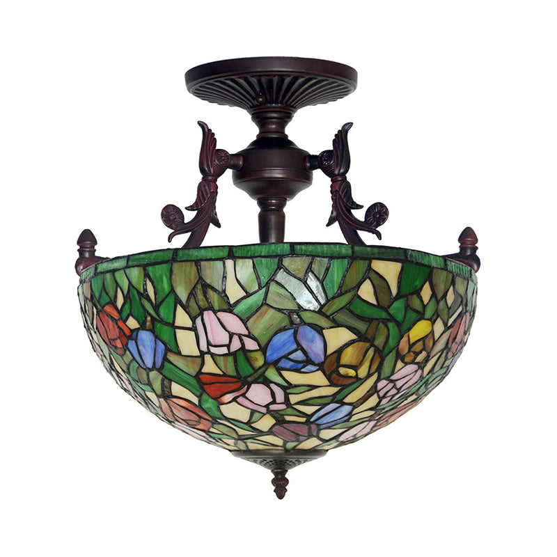 Semi Flush Mediterranean Bronze Blossom Ceiling Mount with Red/Orange/Green Cut Glass - Ideal for Living Room Lighting