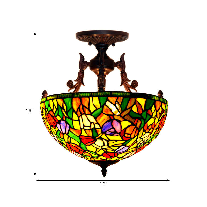 Semi Flush Mediterranean Bronze Blossom Ceiling Mount with Red/Orange/Green Cut Glass - Ideal for Living Room Lighting