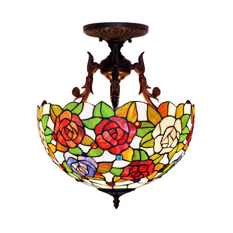 Bronze Blossom Semi Flush Ceiling Mount With Cut Glass Shades - Mediterranean 3 Lights