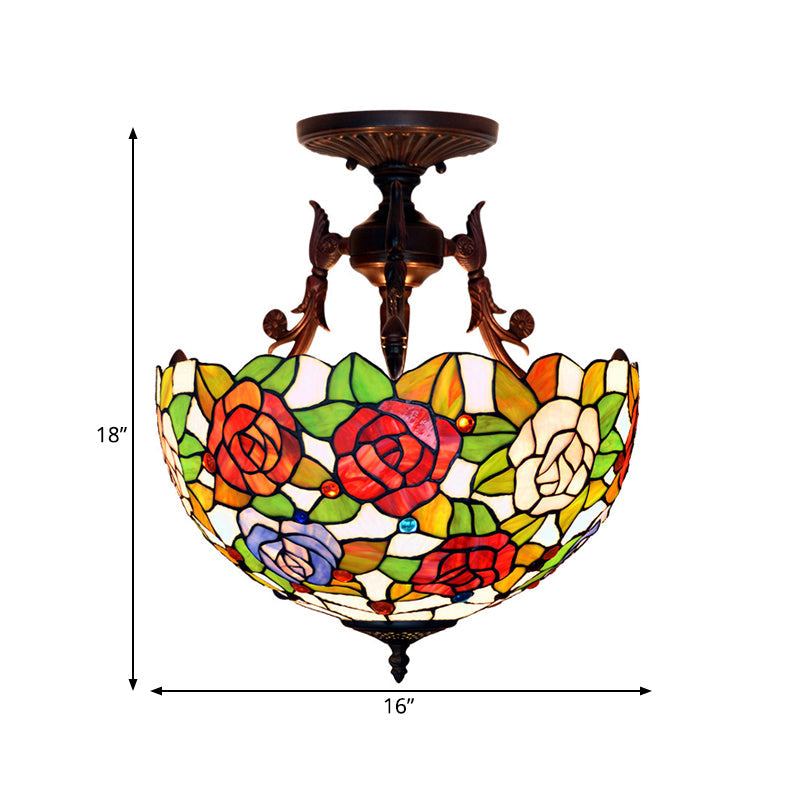 Semi Flush Mediterranean Bronze Blossom Ceiling Mount with Red/Orange/Green Cut Glass - Ideal for Living Room Lighting