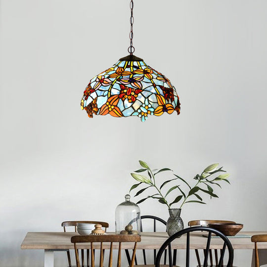 Mediterranean Red/Blue Cut Glass Petal Chandelier Lamp | 2-Light Bronze Pendant Light For Kitchen