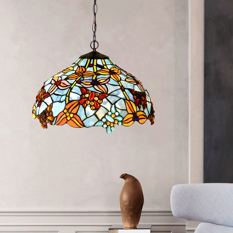 Mediterranean Red/Blue Cut Glass Petal Chandelier Lamp | 2-Light Bronze Pendant Light For Kitchen