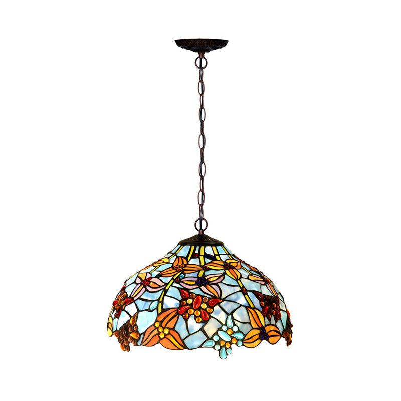 Mediterranean Petal Chandelier with Red/Blue Cut Glass and Bronze Finish - 2 Lights for Kitchen