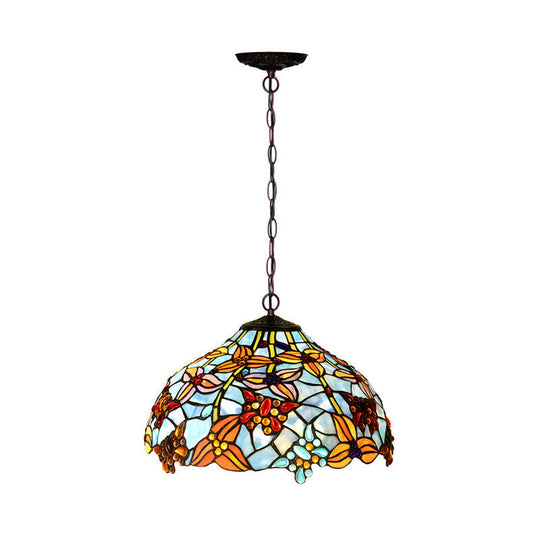 Mediterranean Red/Blue Cut Glass Petal Chandelier Lamp | 2-Light Bronze Pendant Light For Kitchen