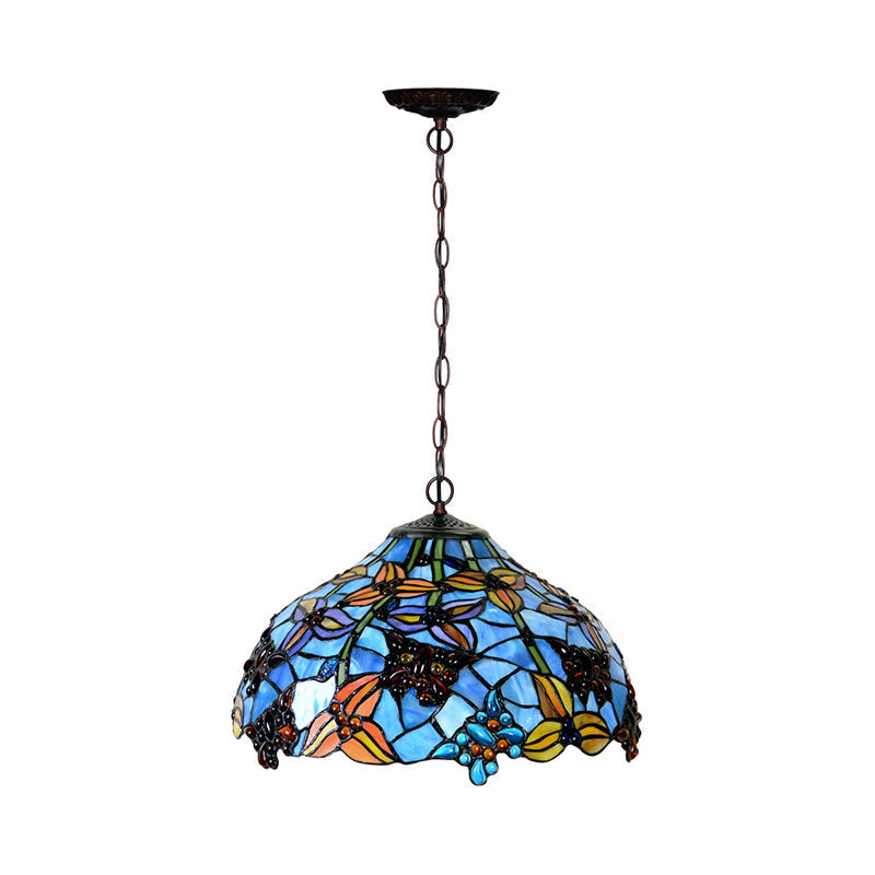 Mediterranean Petal Chandelier with Red/Blue Cut Glass and Bronze Finish - 2 Lights for Kitchen