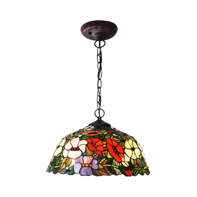 Mediterranean Red/Blue Cut Glass Petal Chandelier Lamp | 2-Light Bronze Pendant Light For Kitchen