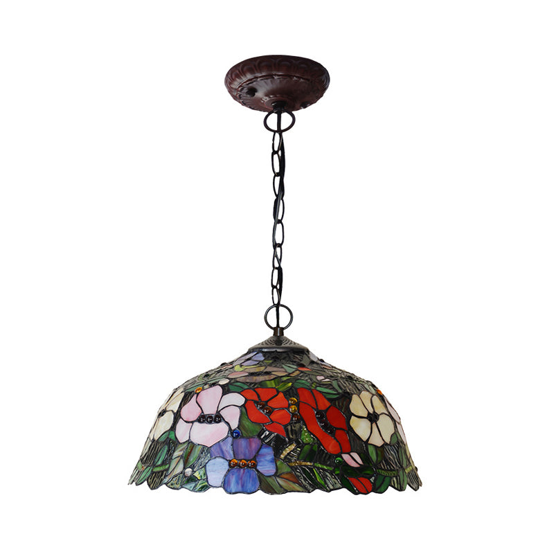 Mediterranean Red/Blue Cut Glass Petal Chandelier Lamp | 2-Light Bronze Pendant Light For Kitchen