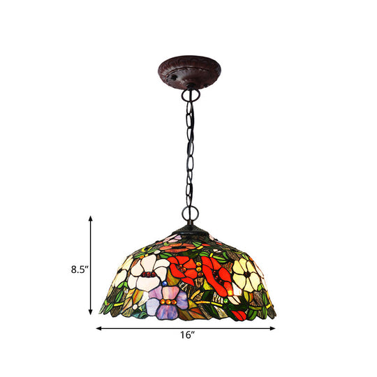 Mediterranean Red/Blue Cut Glass Petal Chandelier Lamp | 2-Light Bronze Pendant Light For Kitchen