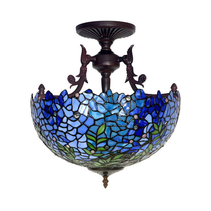 Victorian Blue Domed Semi Mount Ceiling Light Fixture With 3 Stained Glass Lights - Perfect For