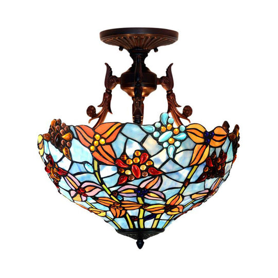 Victorian Blue Domed Semi Mount Ceiling Light Fixture With 3 Stained Glass Lights - Perfect For