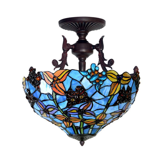 Victorian Blue Domed Semi Mount Ceiling Light Fixture With 3 Stained Glass Lights - Perfect For