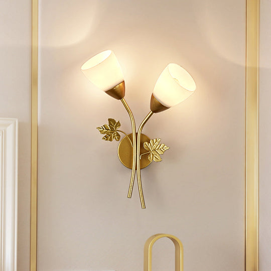 Modern Floral Wall Lamp: Milk Glass 2-Bulb Sconce Light In Black/Gold With Metal Leaf Accent