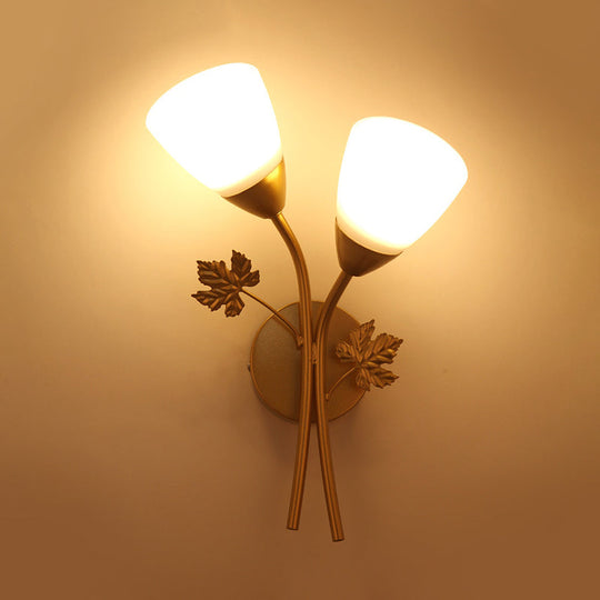 Modern Floral Wall Lamp: Milk Glass 2-Bulb Sconce Light In Black/Gold With Metal Leaf Accent