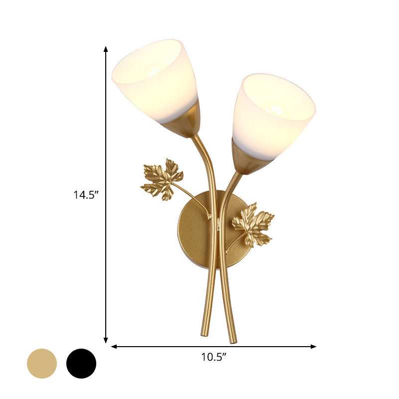 Modern Floral Wall Lamp: Milk Glass 2-Bulb Sconce Light In Black/Gold With Metal Leaf Accent