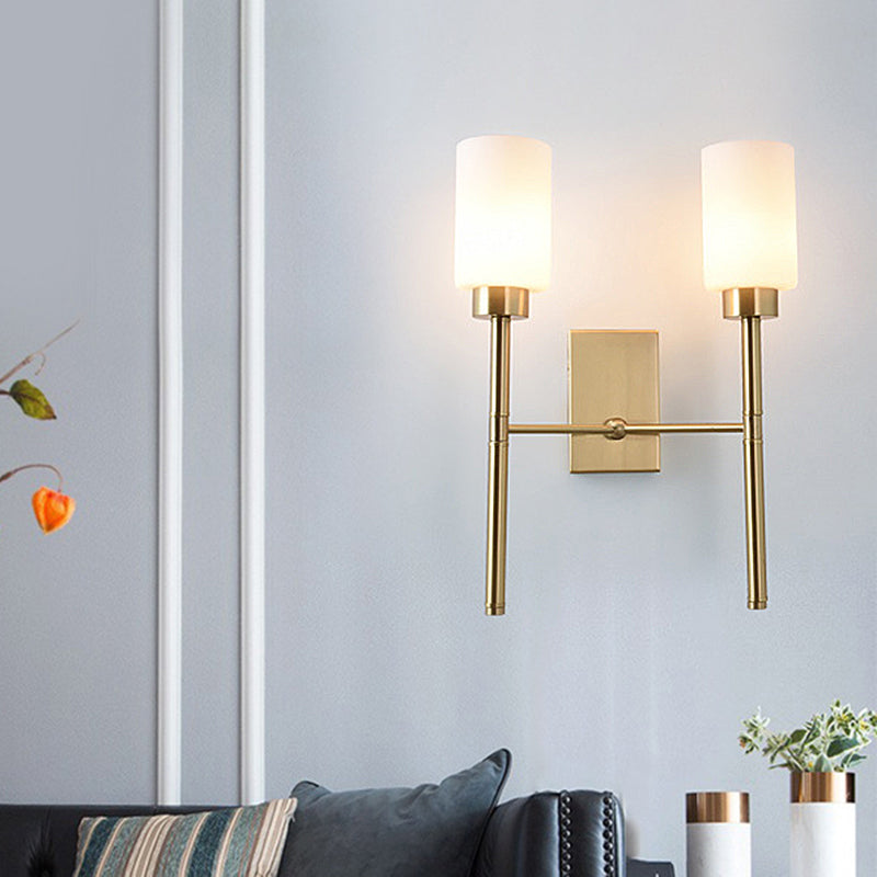 Contemporary Brass Sconce With White Glass Shade - Mounted Dual Bulb Wall Light