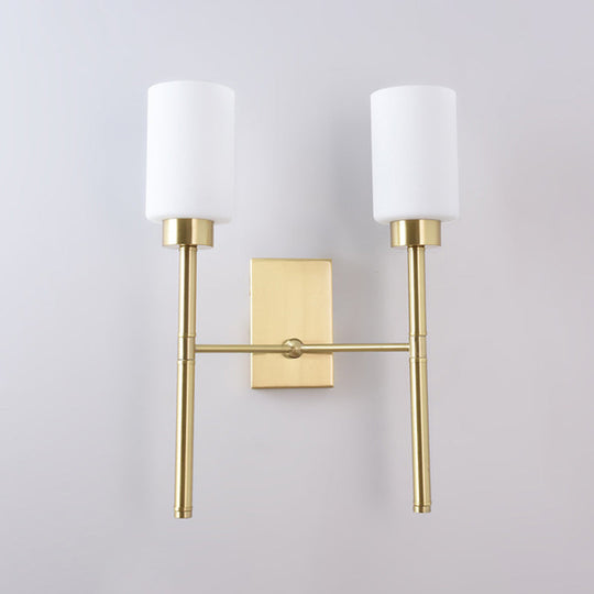 Contemporary Brass Sconce With White Glass Shade - Mounted Dual Bulb Wall Light