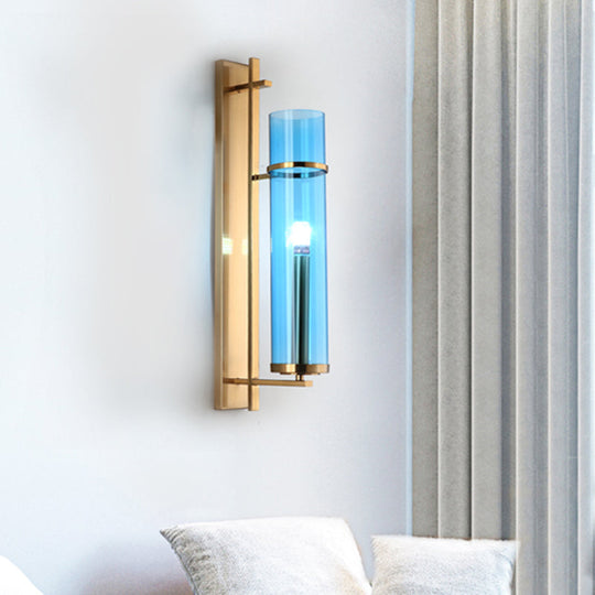 Blue Glass Cylinder Living Room Sconce - Modern Wall Mount Light Fixture