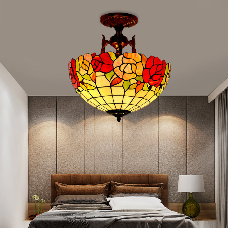 Mediteranean Flower Stained Glass Ceiling Light - 3-Light Semi Flush For Bedroom Yellow