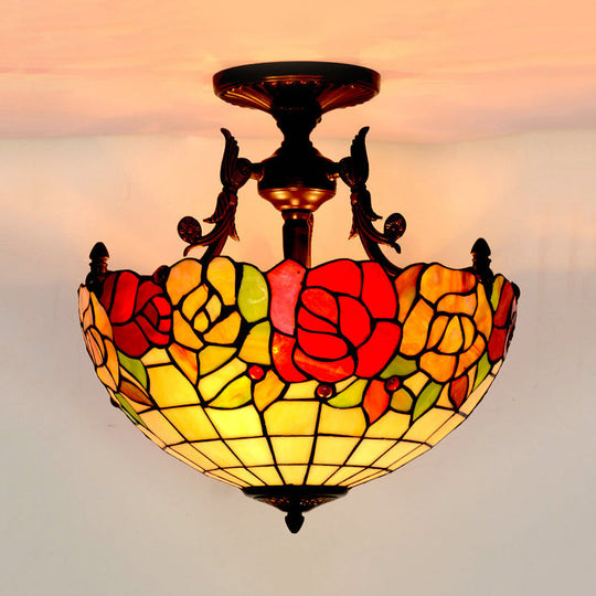 Mediterranean Flower Stained Glass Ceiling Light for Bedroom - 3-Light Semi Flush Mount in White/Red/Yellow