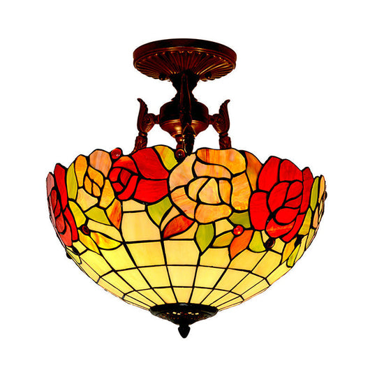 Mediteranean Flower Stained Glass Ceiling Light - 3-Light Semi Flush For Bedroom