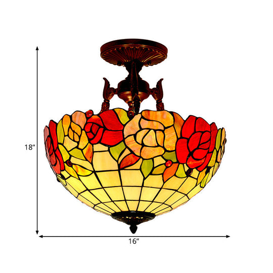 Mediterranean Flower Stained Glass Ceiling Light for Bedroom - 3-Light Semi Flush Mount in White/Red/Yellow