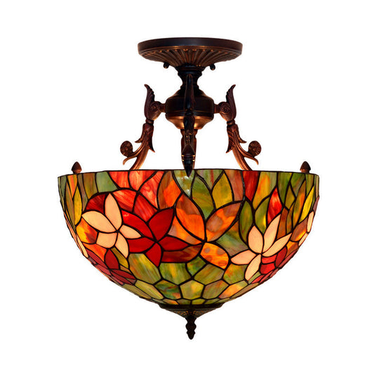 Mediteranean Flower Stained Glass Ceiling Light - 3-Light Semi Flush For Bedroom Red