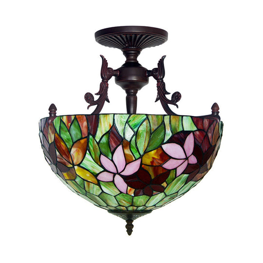 Mediteranean Flower Stained Glass Ceiling Light - 3-Light Semi Flush For Bedroom