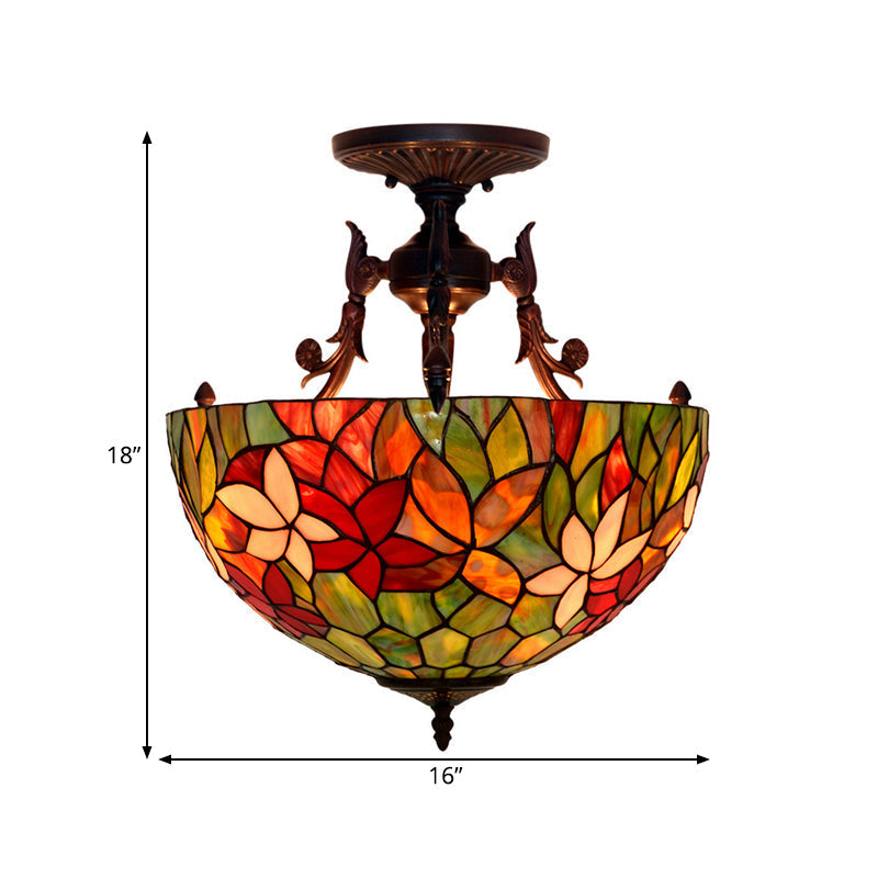 Mediterranean Flower Stained Glass Ceiling Light for Bedroom - 3-Light Semi Flush Mount in White/Red/Yellow