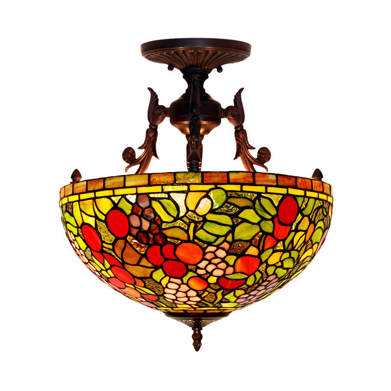 Mediterranean Flower Stained Glass Ceiling Light for Bedroom - 3-Light Semi Flush Mount in White/Red/Yellow