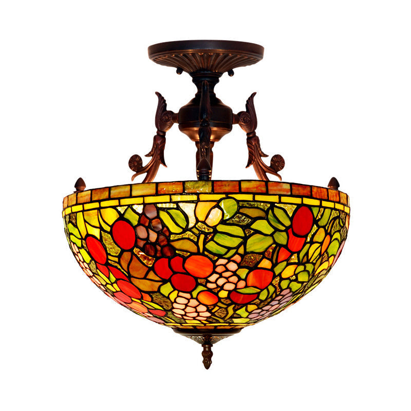 Mediteranean Flower Stained Glass Ceiling Light - 3-Light Semi Flush For Bedroom Green