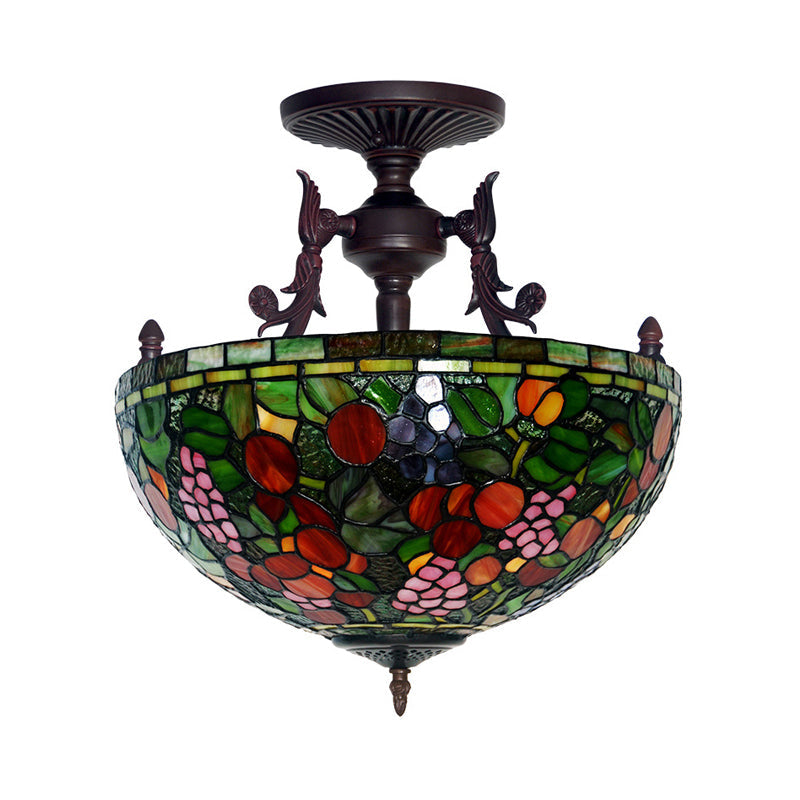 Mediteranean Flower Stained Glass Ceiling Light - 3-Light Semi Flush For Bedroom