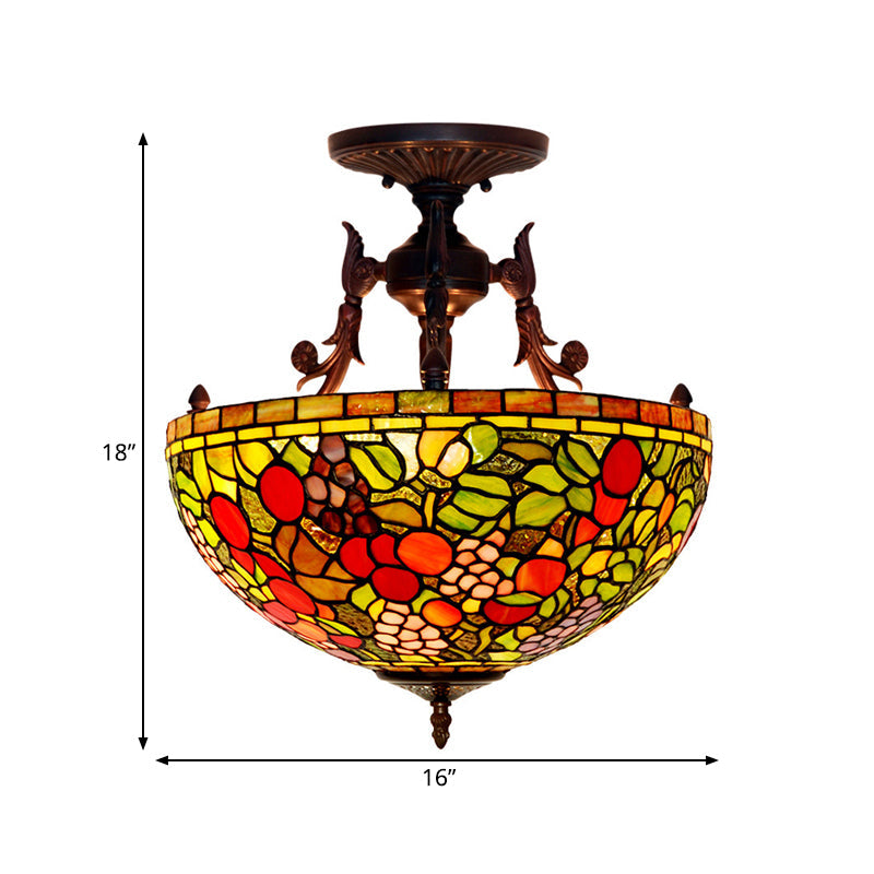 Mediteranean Flower Stained Glass Ceiling Light - 3-Light Semi Flush For Bedroom