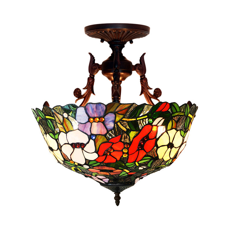 Mediteranean Flower Stained Glass Ceiling Light - 3-Light Semi Flush For Bedroom White