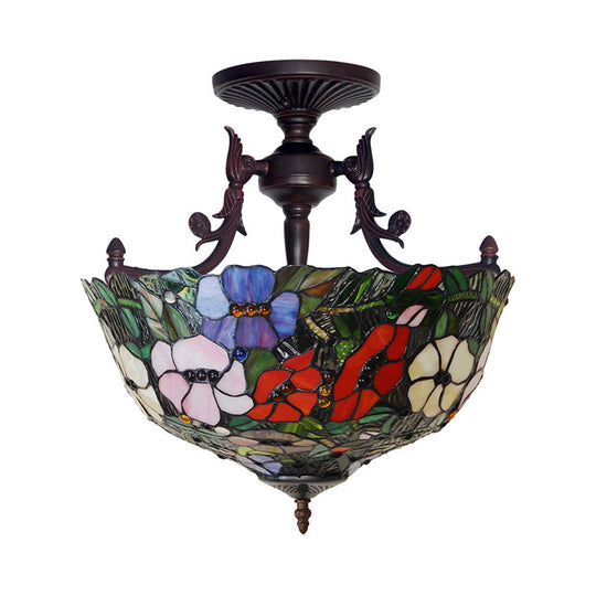 Mediteranean Flower Stained Glass Ceiling Light - 3-Light Semi Flush For Bedroom