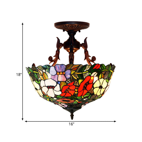 Mediteranean Flower Stained Glass Ceiling Light - 3-Light Semi Flush For Bedroom