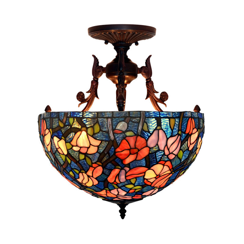 Mediteranean Flower Stained Glass Ceiling Light - 3-Light Semi Flush For Bedroom Blue