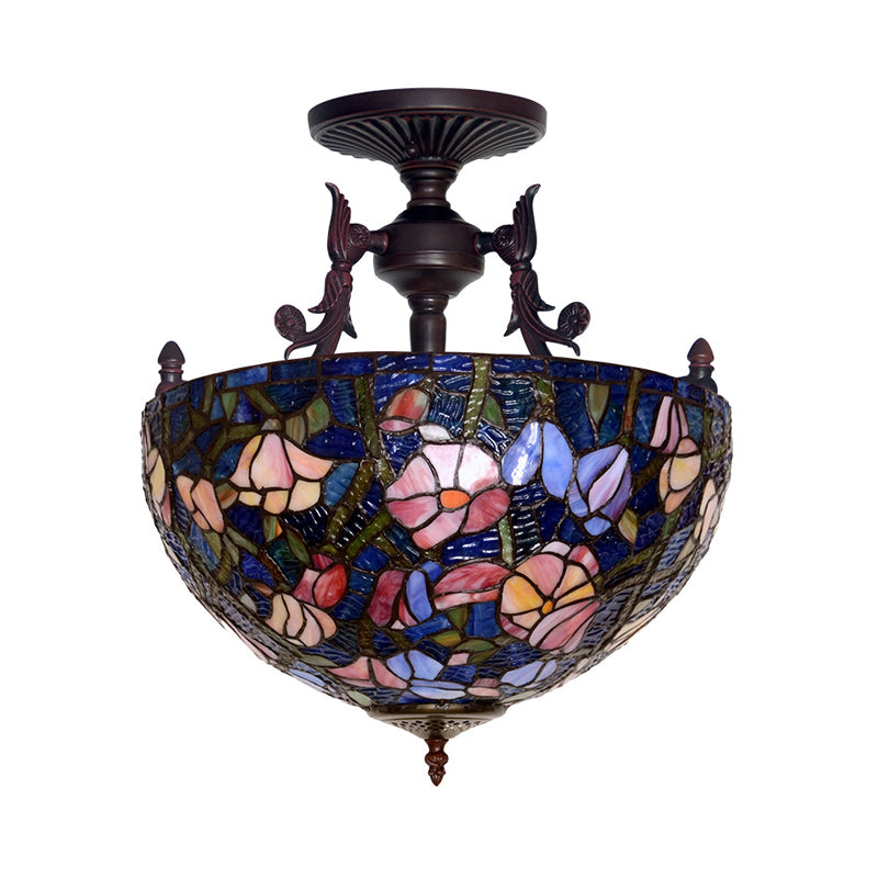 Mediteranean Flower Stained Glass Ceiling Light - 3-Light Semi Flush For Bedroom