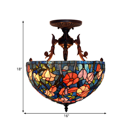 Mediteranean Flower Stained Glass Ceiling Light - 3-Light Semi Flush For Bedroom