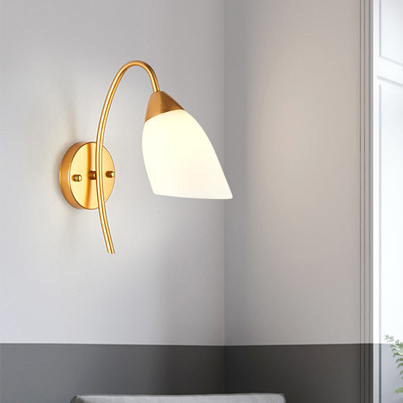 Modern Gold Wall Mount Sconce With Flare White Glass Shade For Bedroom