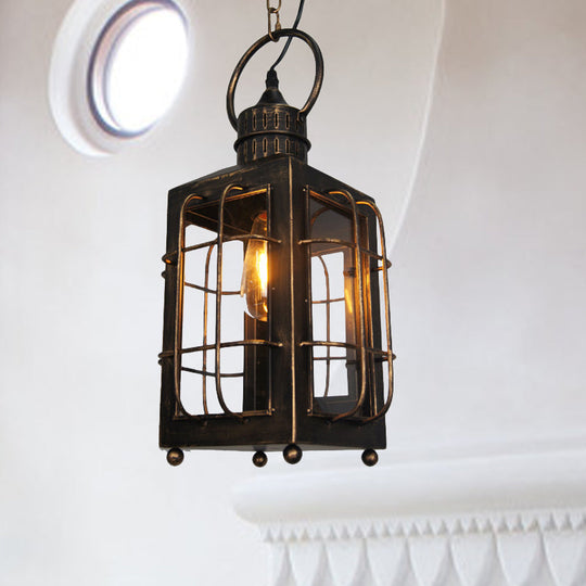 Brass Rectangle Pendant Light - Warehouse Style - 1-Light - Clear Glass/Iron - Hanging Ceiling Light - Wire Frame