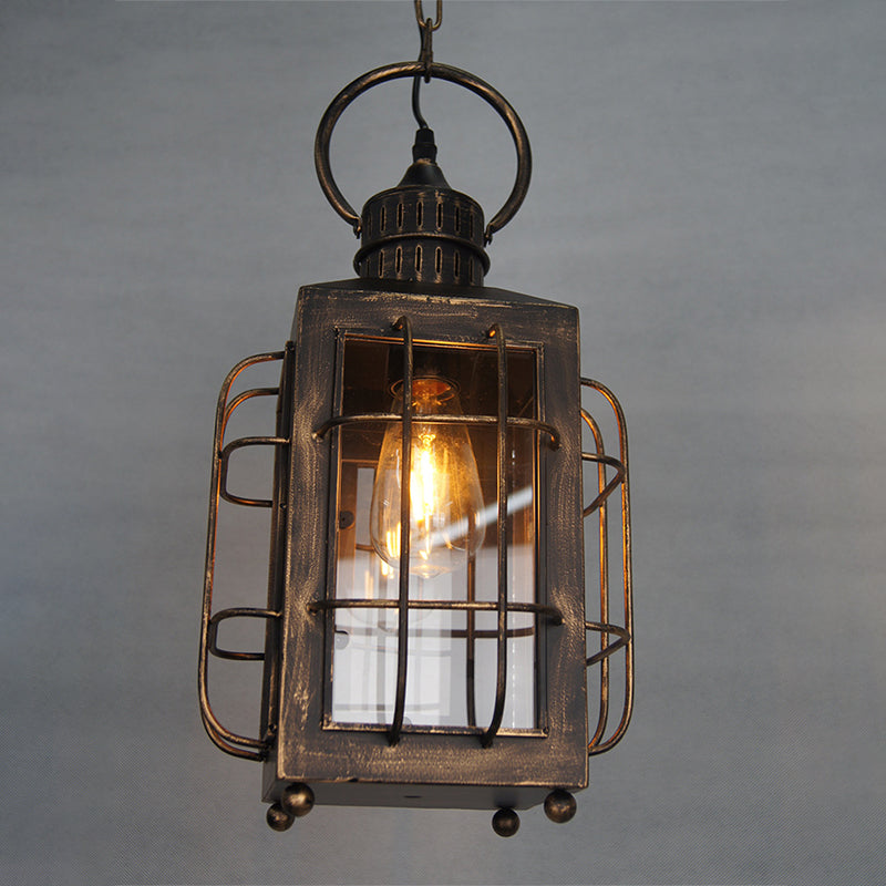 Brass Rectangle Pendant Light - Warehouse Style - 1-Light - Clear Glass/Iron - Hanging Ceiling Light - Wire Frame